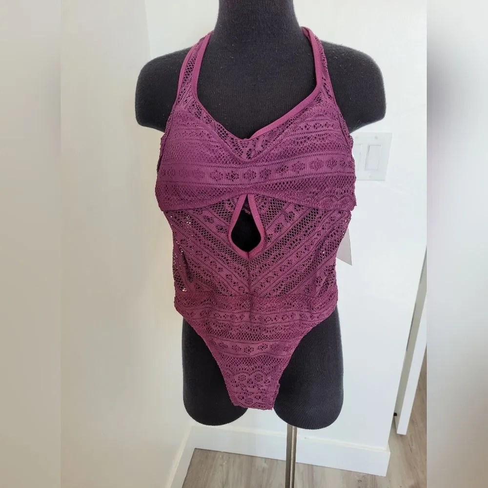 NEW BECCA Swim One Piece Swimsuit Purple Play Crochet Festival Beach Resort XS - Picture 4 of 8